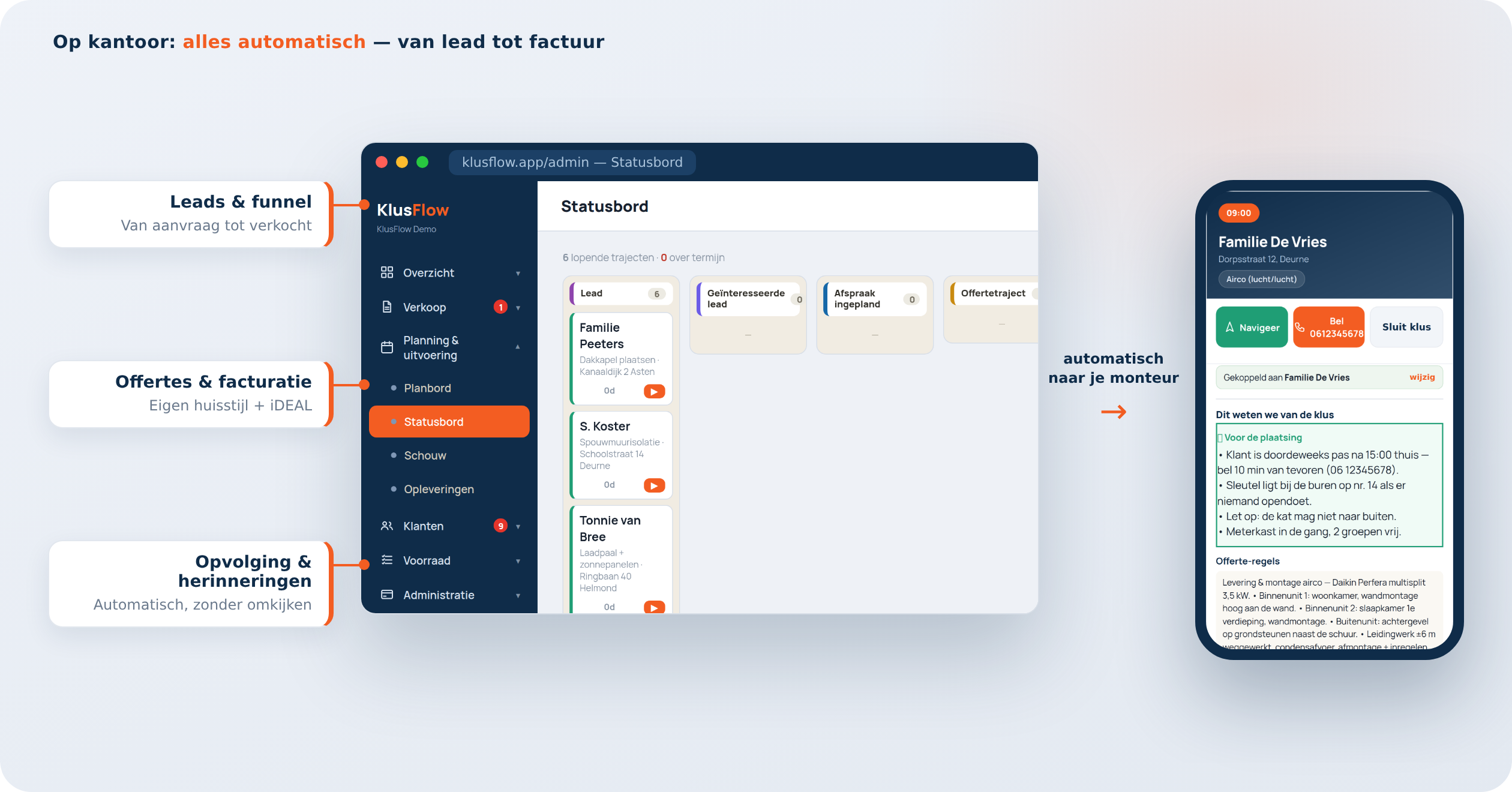 Nucora CRM-statusbord in de browser en de monteur-app met klusbericht, offerte en situatiefoto's op de telefoon